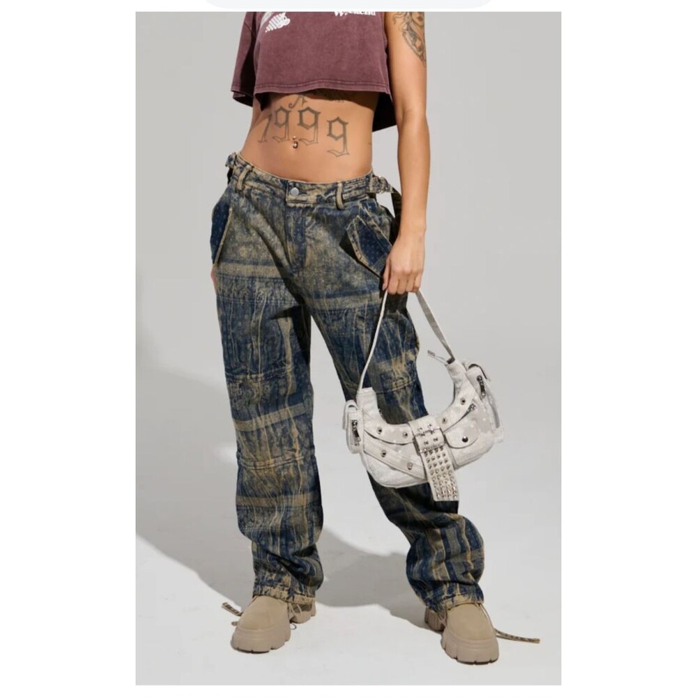 Akira Never Lose Me Womens Streetwear Acid Wash Blue Jeans Denim Wide Pants Sz M